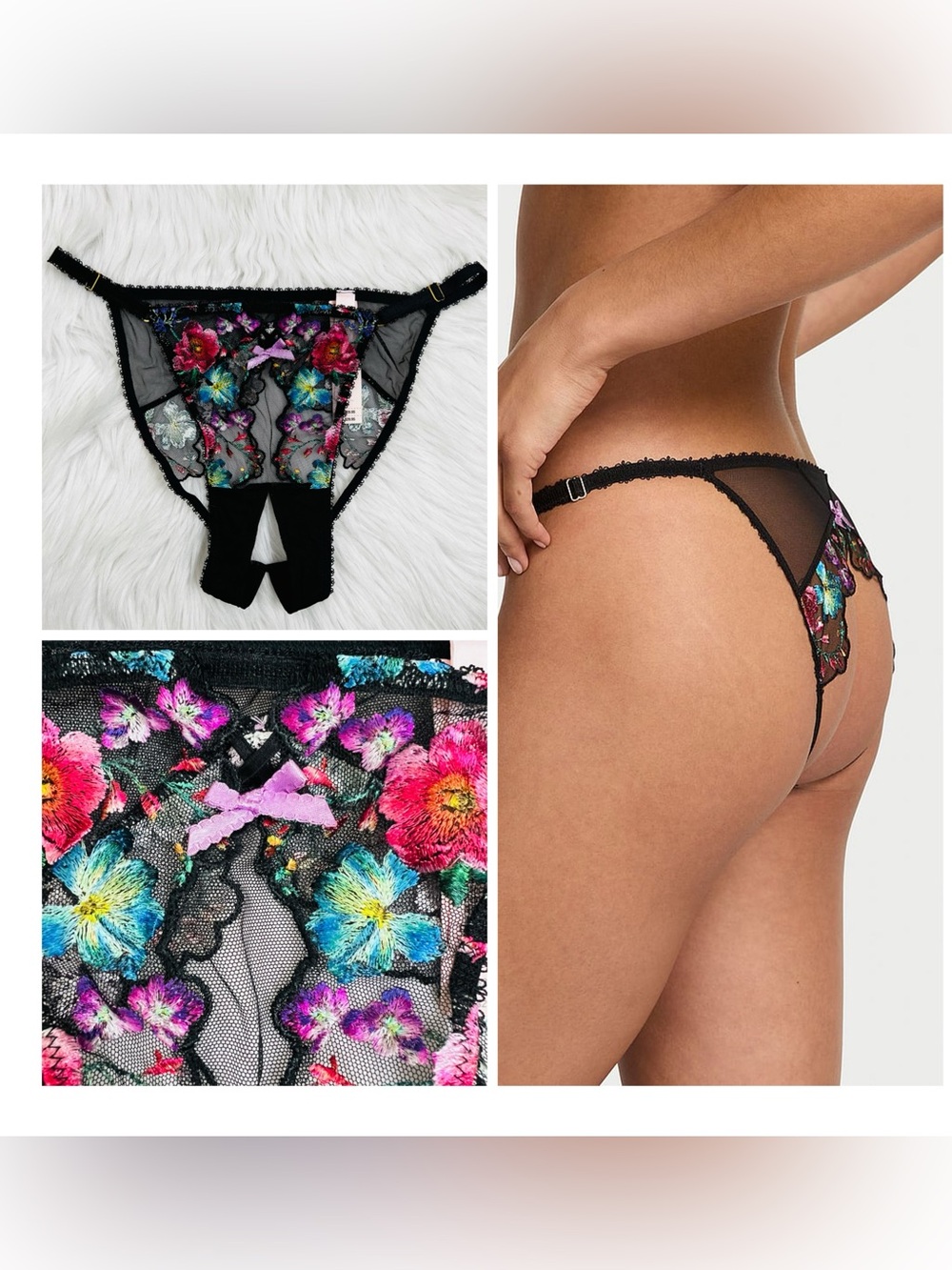 NWT! Dark Blossom Embroidery Crotchless Adjustable String Bikini Panty